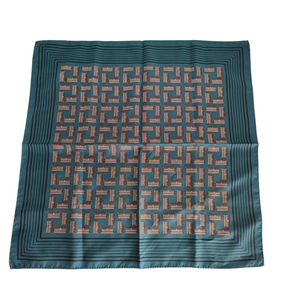 LOUIS VUITTON 100% Silk Trunk Pattern Bandana Scarf in Blue and Brown for Men...